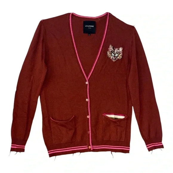 Le Superbe Cashmere Sequin Patch Silly Tiger Cardigan Maroon Sz L - Picture 1 of 11